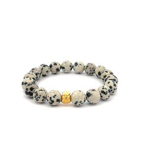 Natural Dalmatian Jasper Gemstones 8mm 24k Gold Money Bag Charm Stretch Bracelet
